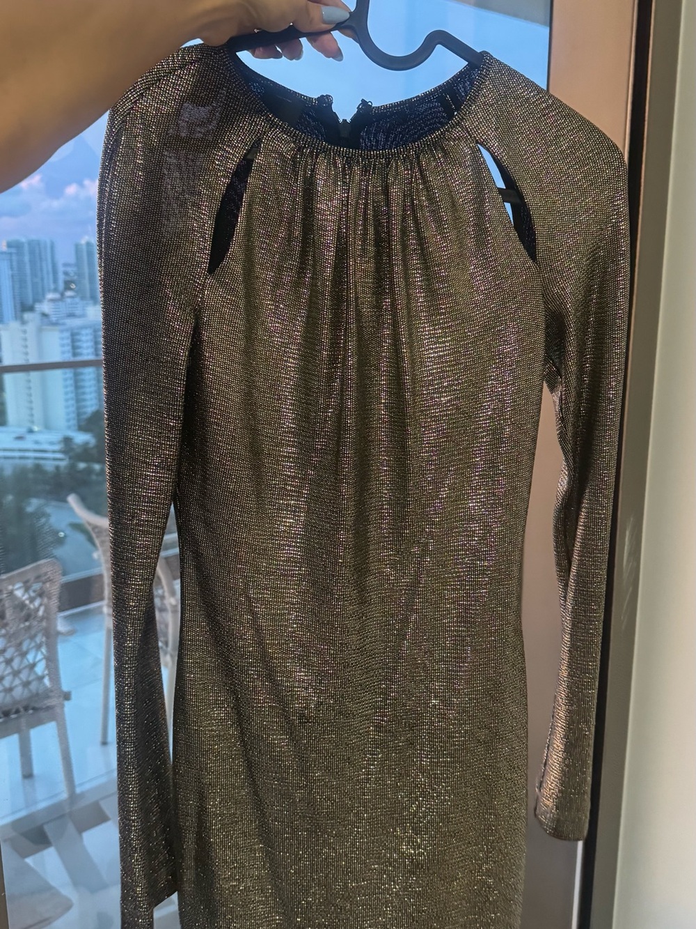 Pinko Metallic Long-Sleeve Cutout Dress in Shimmering Silver